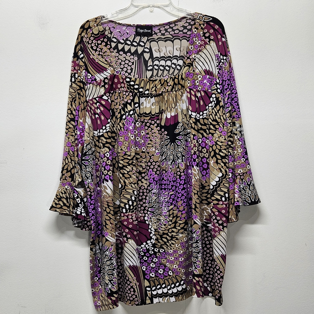 MAGGIE BARNES Womens Stretchy Blouse Top Bell Sleeve Geometric Multicolor Sz.3X